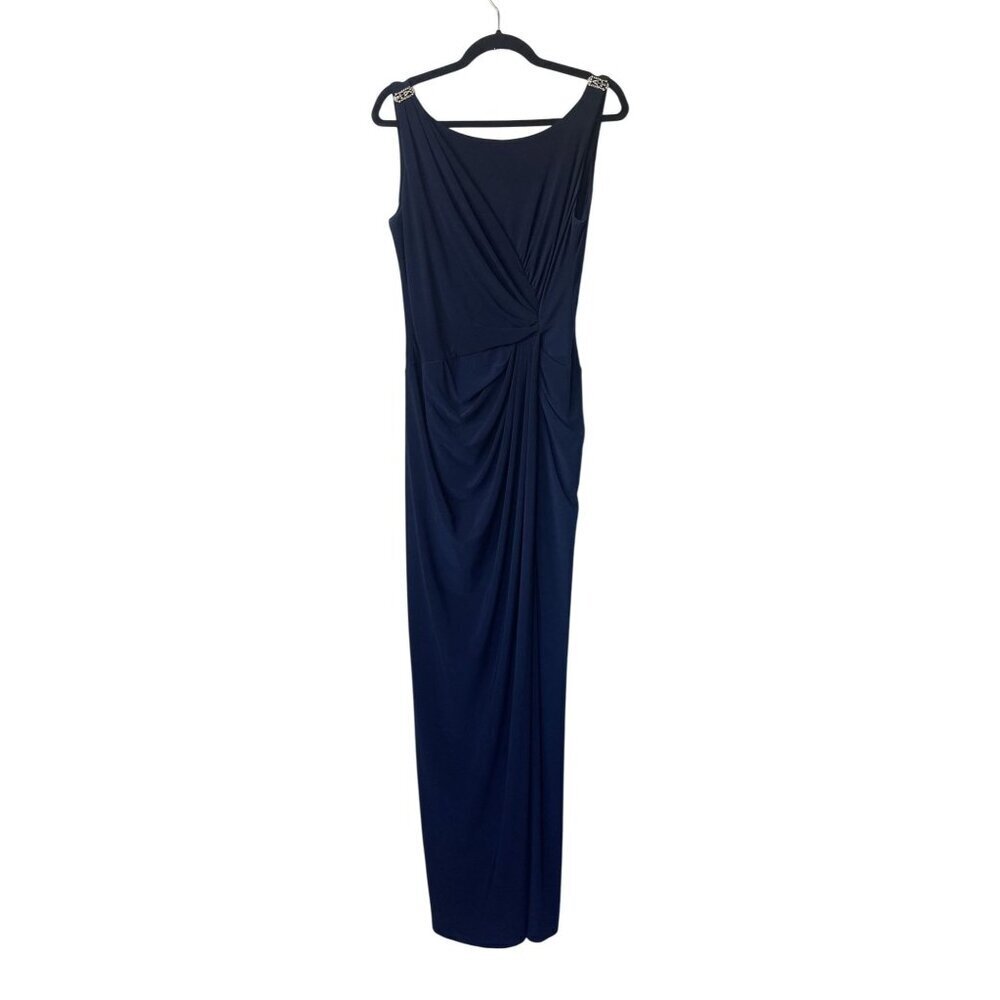 Lauren Ralph Lauren Evening Gown Size 8 Navy Blue Wrap Maxi Stretch‎ Embellished